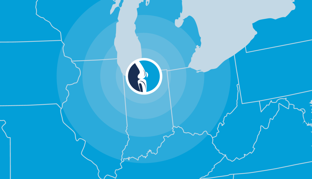 Map showing Dr Yergler's primary office locations in northern Indiana and serving patients through Indiana, Michigan, Ohio, Illinois, Wisconsin, and beyond